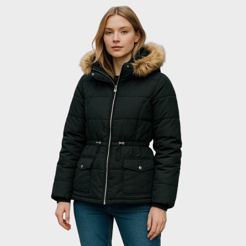 Divided H&M Womens M Black Puffer Jacket Faux Fur Hood Belted Y2K Winter